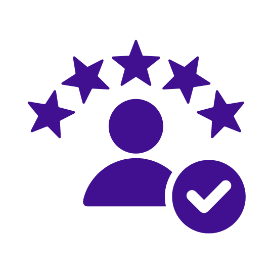 A purple icon of a person with five stars above and a checkmark beside them.