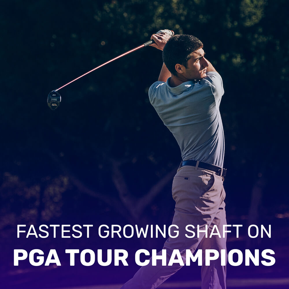 A golfer swings a club on the course with text overlay about PGA Tour Champions.