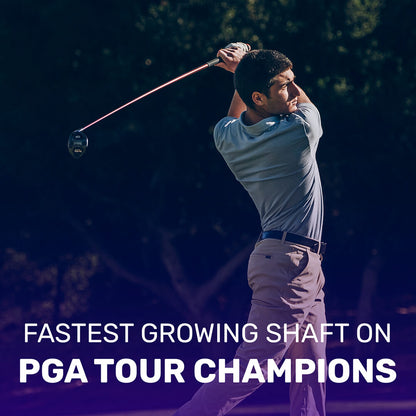 A golfer swings a club on the course with text overlay about PGA Tour Champions.