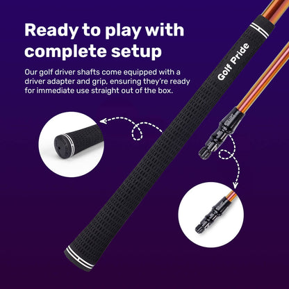 Golf driver shaft with a black grip and labeled "Golf Pride," featuring a driver adapter, displayed against a purple background with informational text.