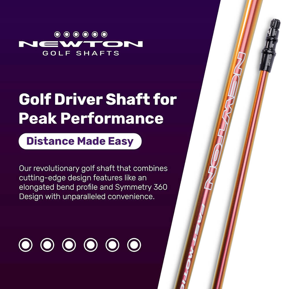 Advertisement for Newton Golf Shafts highlighting features of a golf driver shaft designed for peak performance.