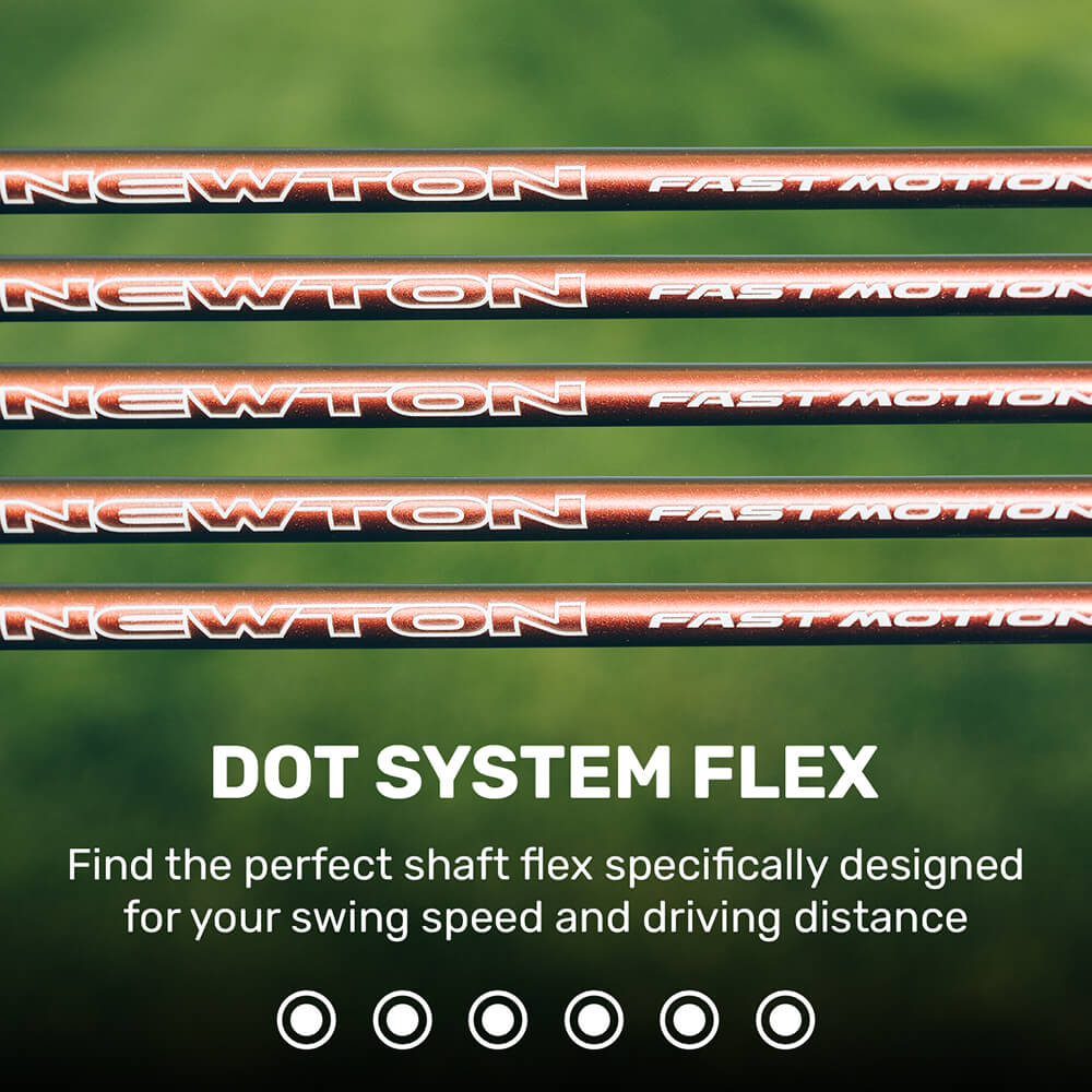 Five orange golf club shafts labeled "NEWTON FAST MOTION" and text about DOT System Flex on a green background.