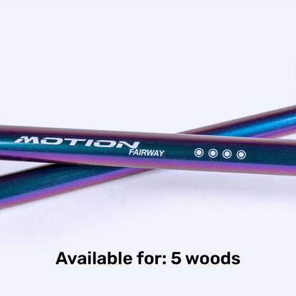 Two golf shafts with "MOTION FAIRWAY" text and an availability note for 5 woods.