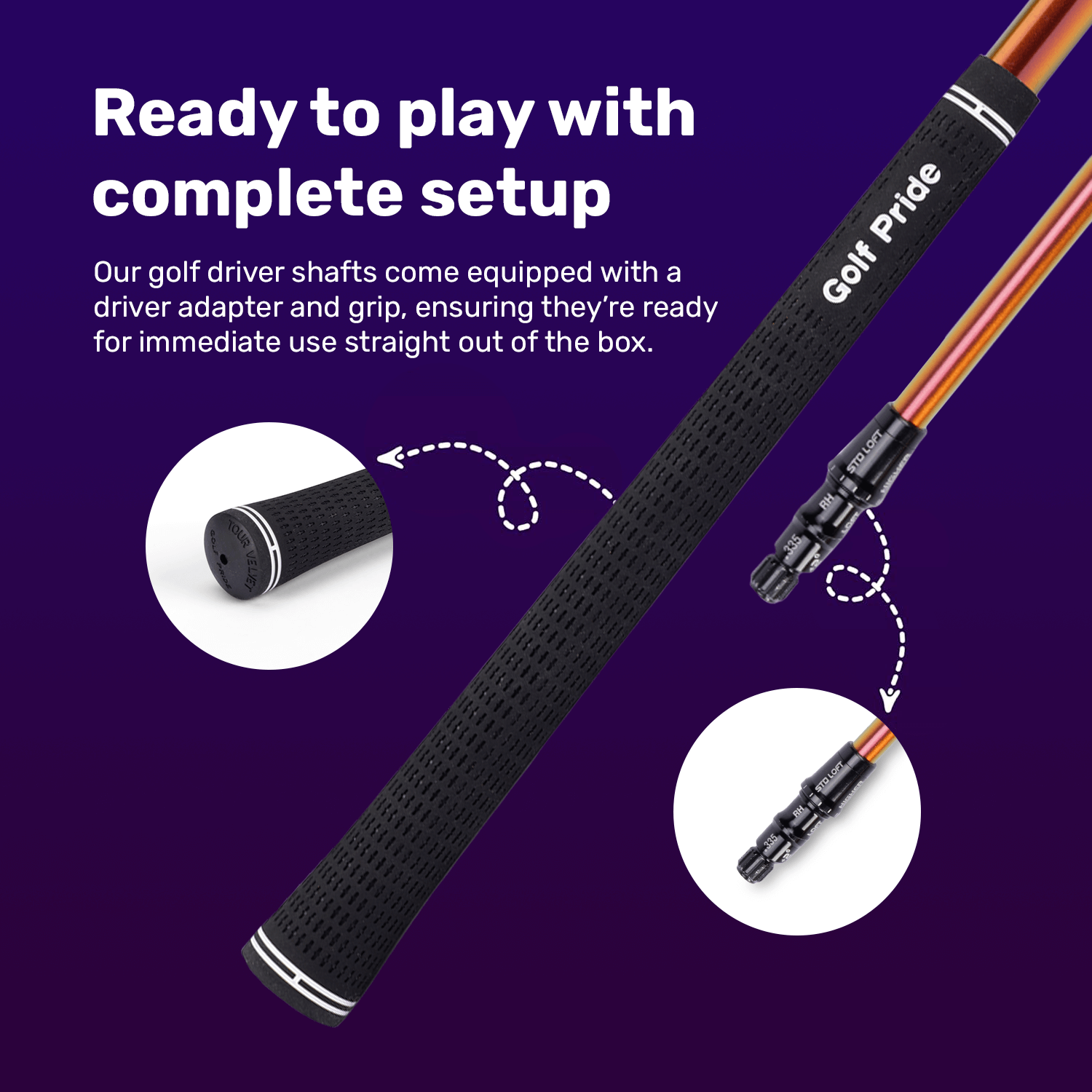 A golf driver shaft with a black grip and an attached adapter is displayed on a purple background.