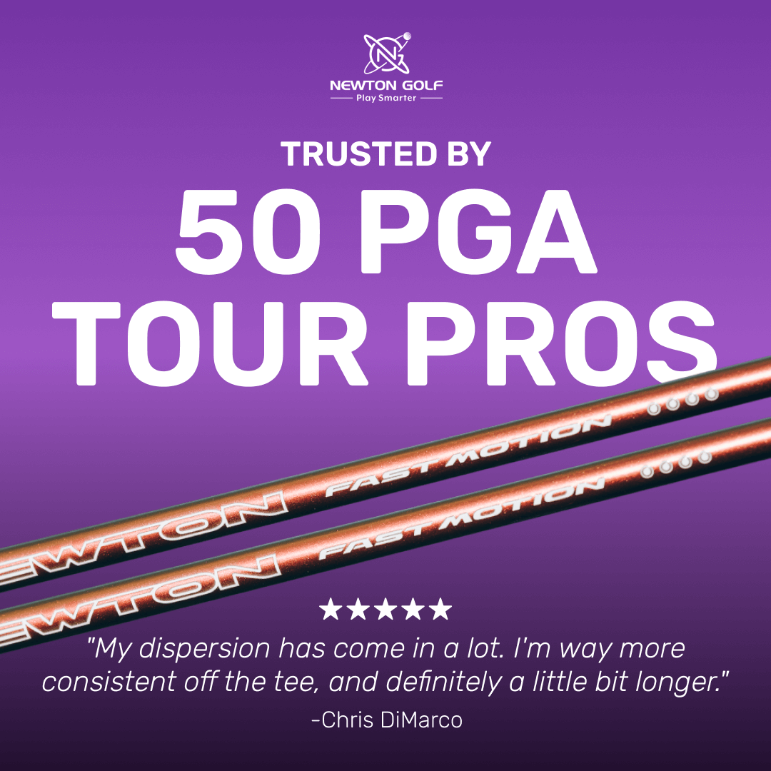 Golf equipment advertisement with the text "Trusted by 50 PGA Tour Pros" and a quote from Chris DiMarco above two golf club shafts.