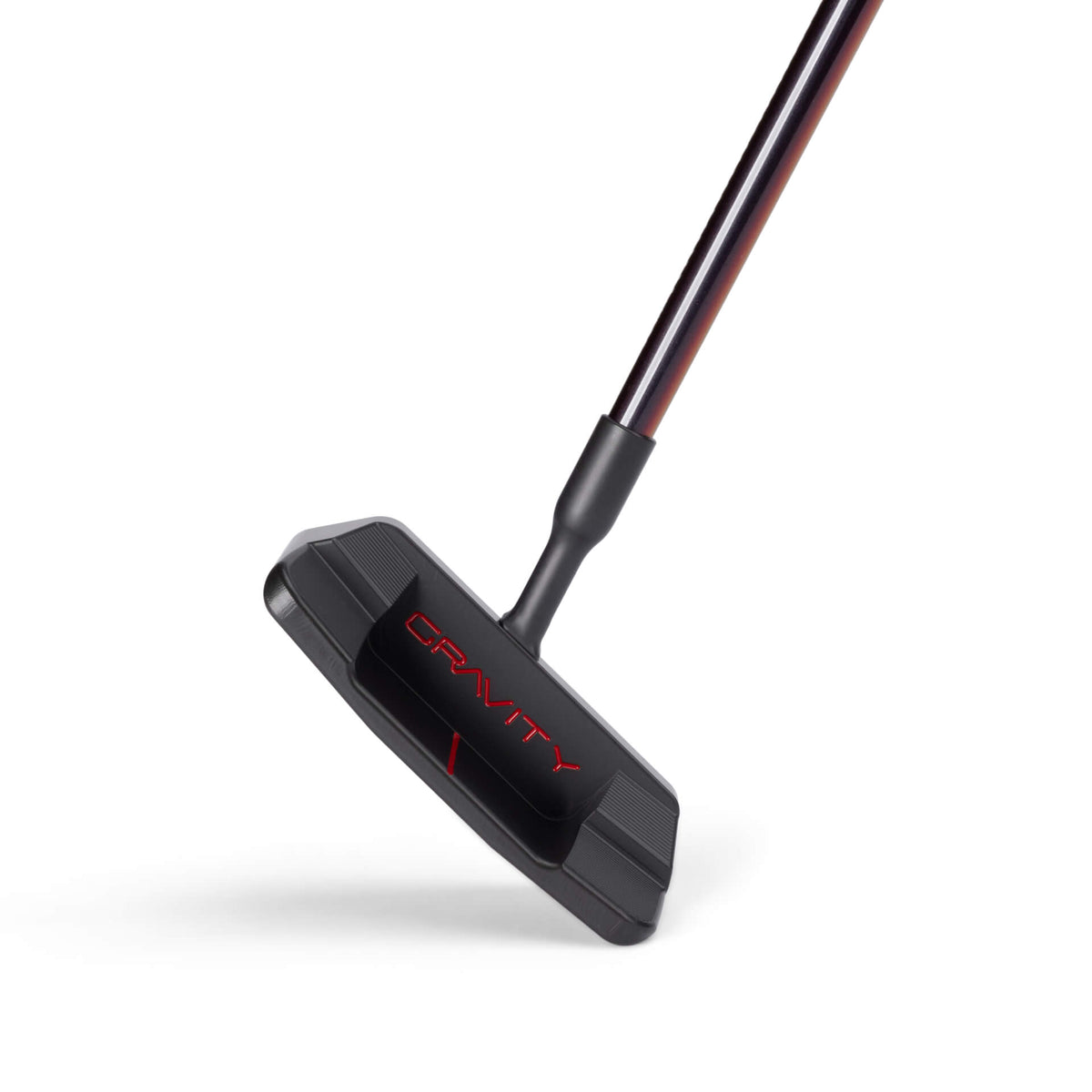 A black golf putter with "GRAVITY" in red lettering on the head.