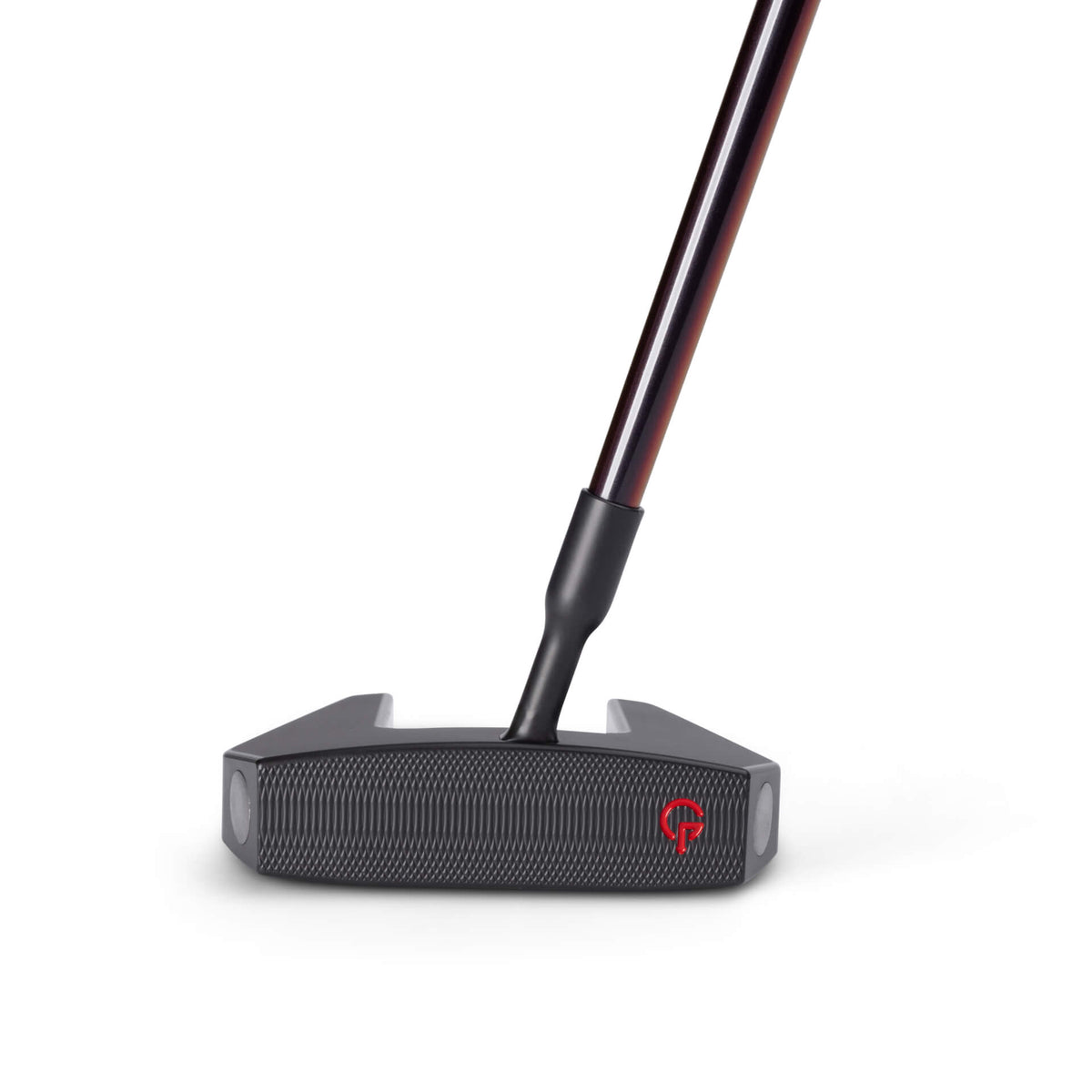 A putter golf club head with a red logo on the face.