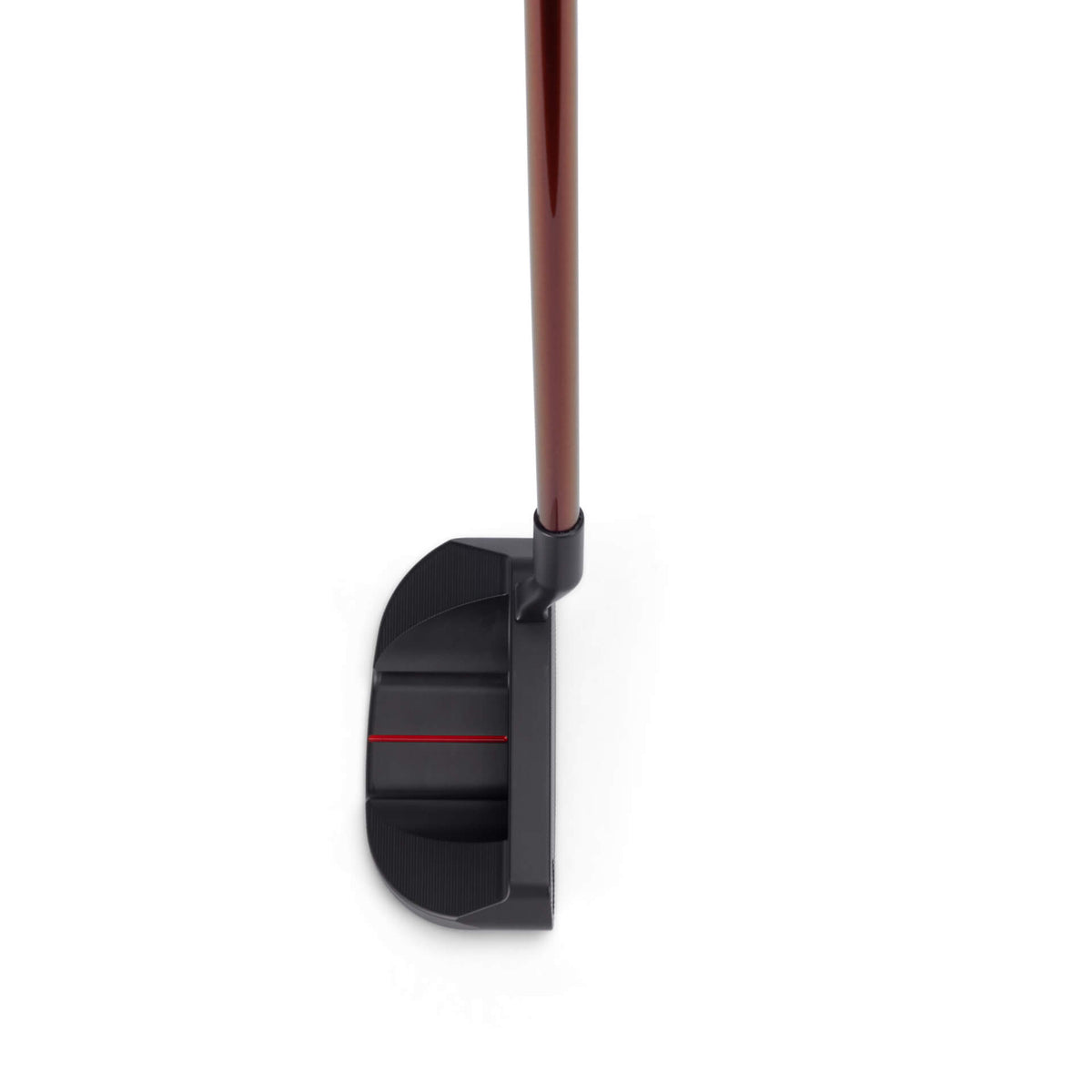 A golf putter with a dark head and a red shaft is positioned on a white background.