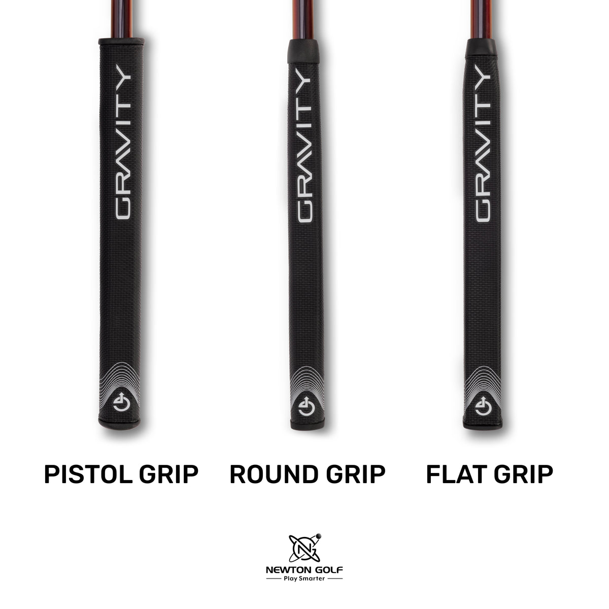 Three golf putter grips labeled as pistol grip, round grip, and flat grip with "GRAVITY" branding.