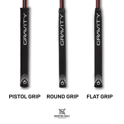 Three golf putter grips labeled as pistol grip, round grip, and flat grip with "GRAVITY" branding.