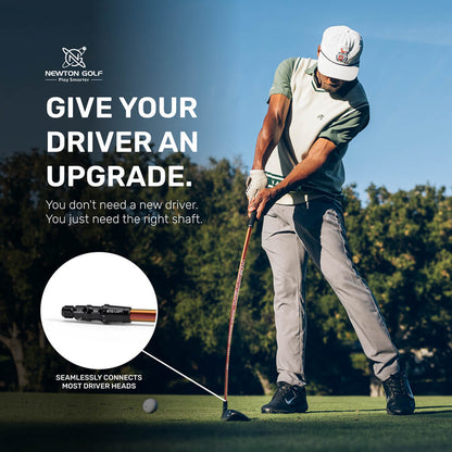 A golfer stands poised with a driver on a course, with text promoting upgrading the golf club shaft.