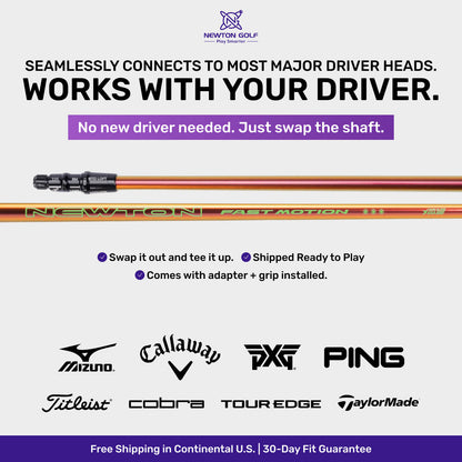 Golf shaft with text highlighting compatibility and logos of various golf brands.