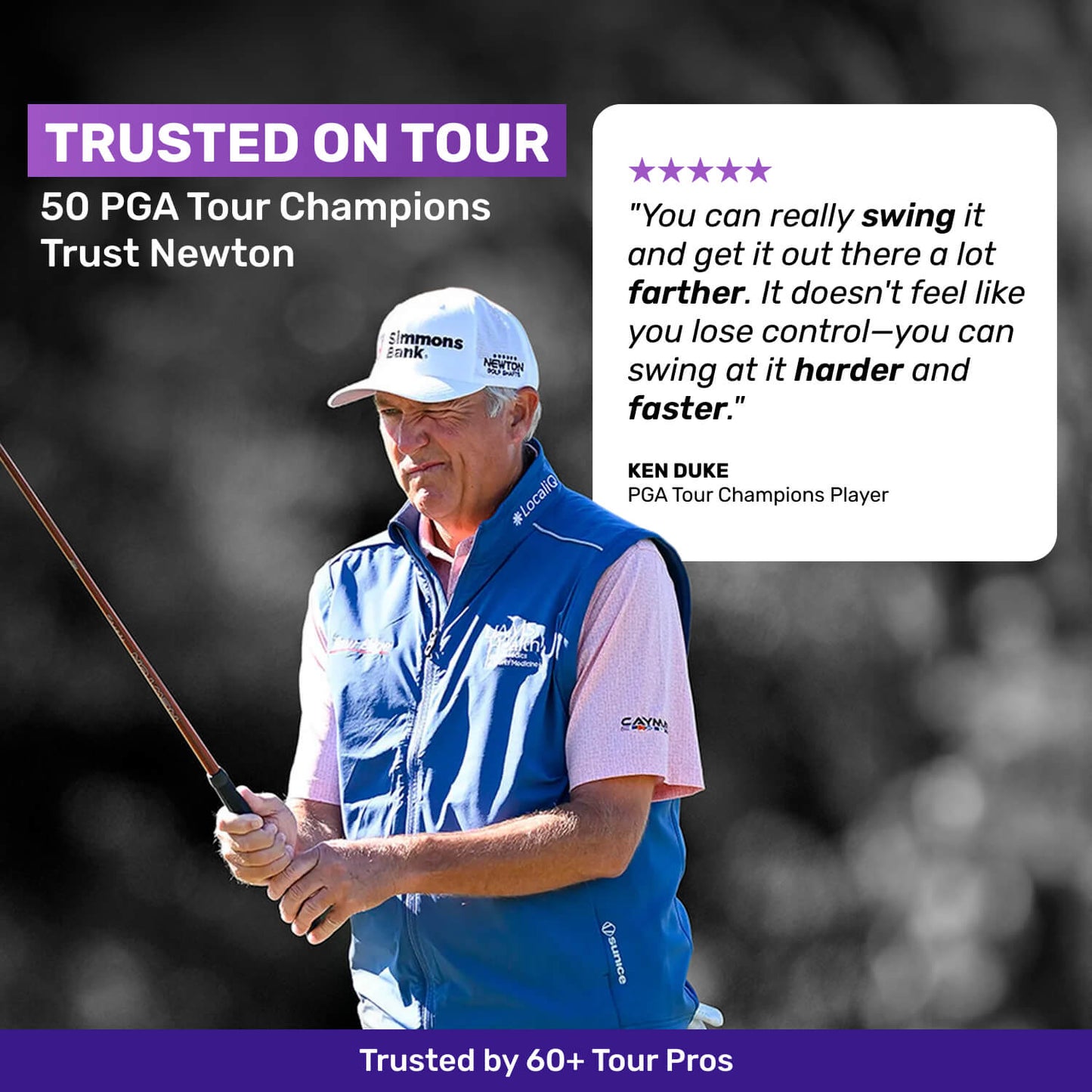 A golfer with a club is featured alongside text promoting trust in Newton by PGA Tour champions.