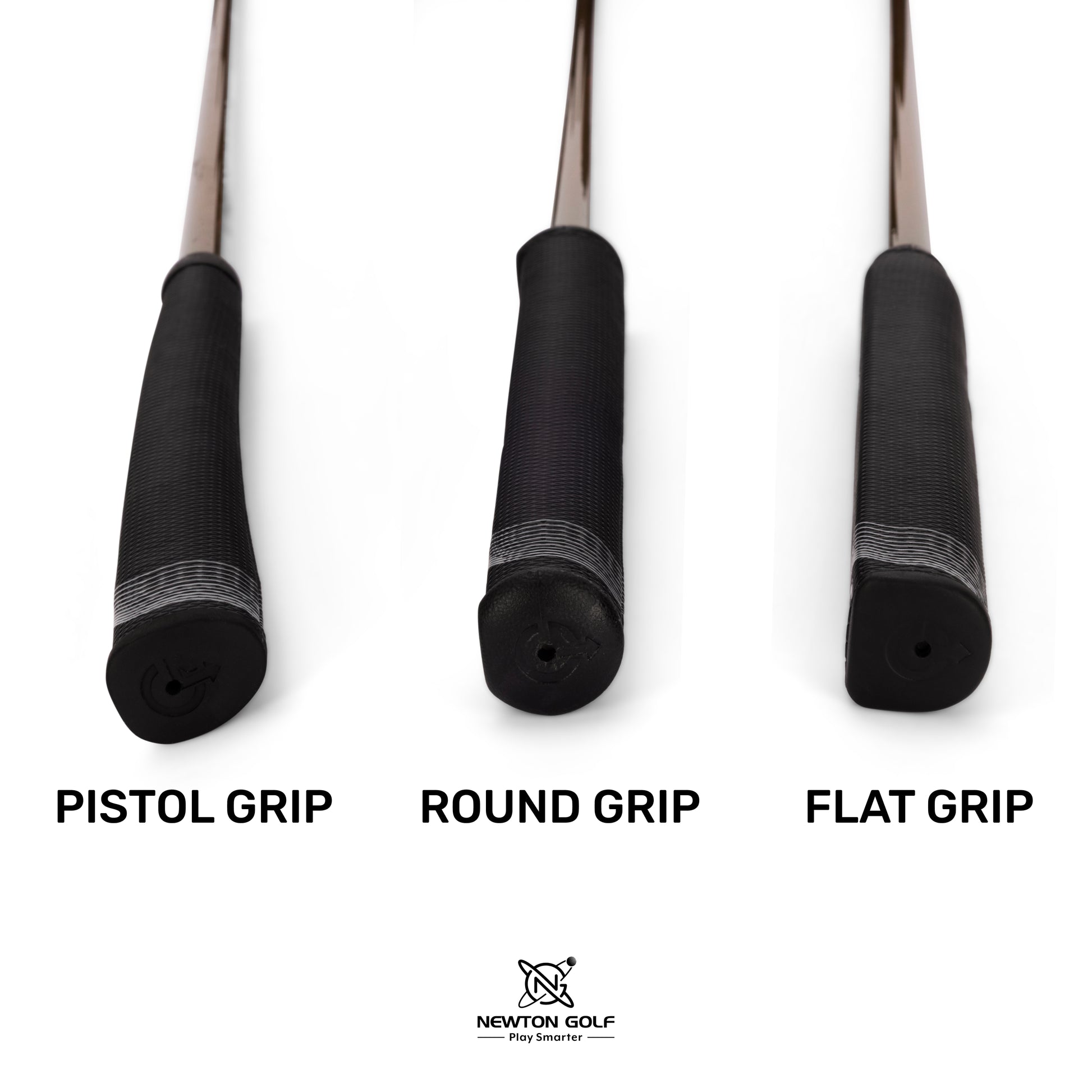 Three types of golf club grips labeled as pistol grip, round grip, and flat grip with a Newton Golf logo below.