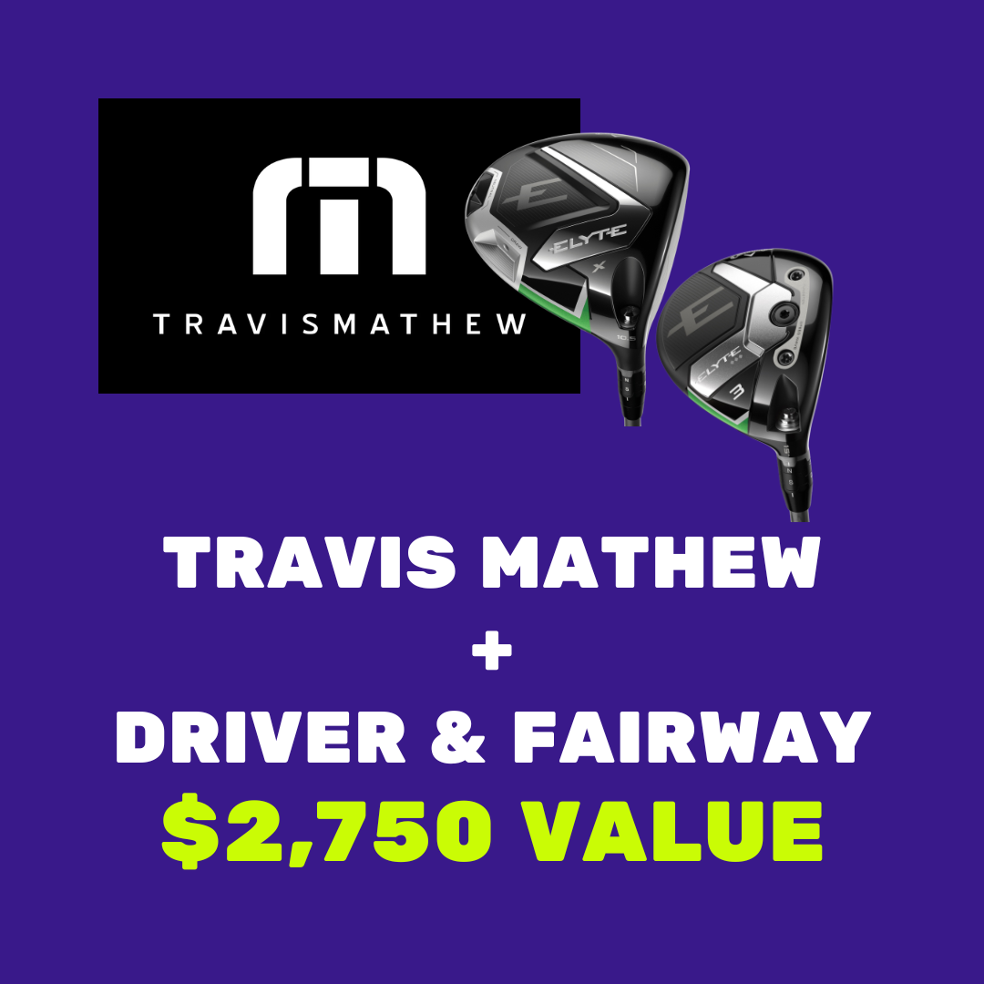Golf clubs with "Travis Mathew" logo and text "$2,750 value" on a purple background.