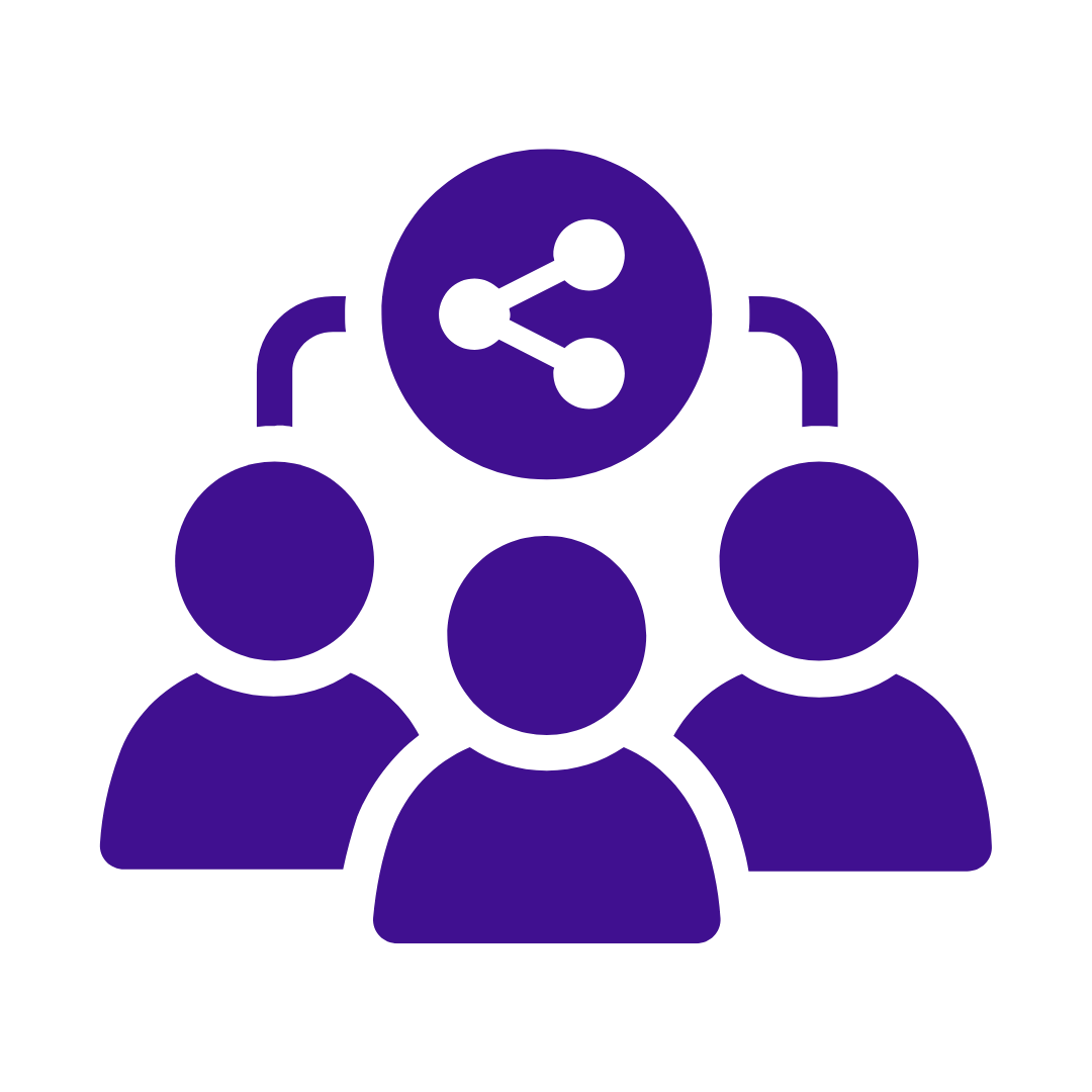 Icon of three purple user silhouettes with a shared connection symbol above them.