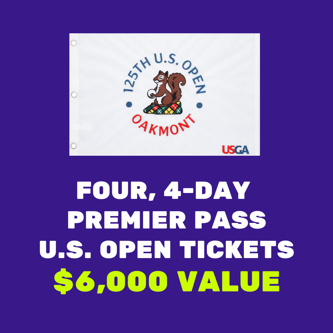 Flag with "125th U.S. Open, Oakmont" and a squirrel logo above text offering four-day U.S. Open tickets valued at $6,000.