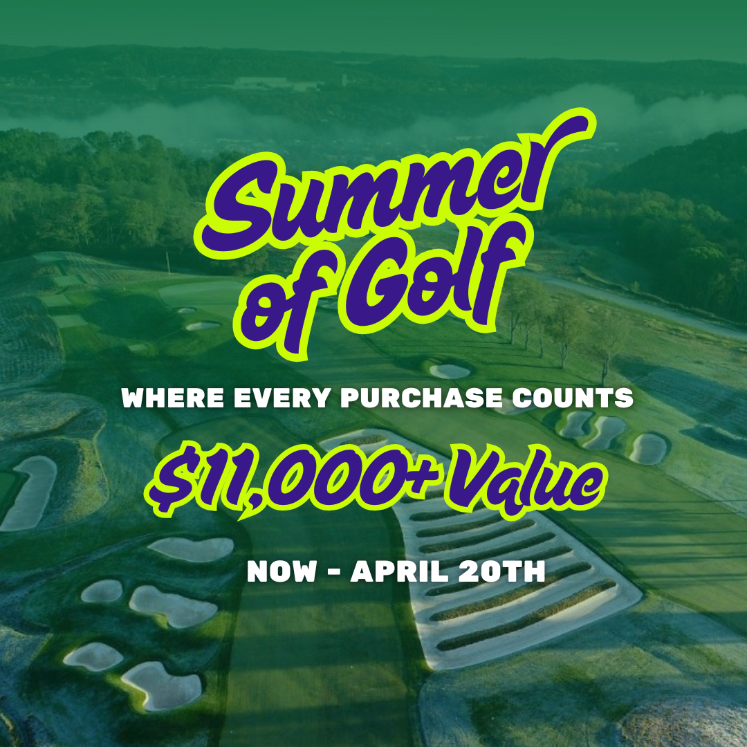 Text reading "Summer of Golf" with a promotion mentioning "$11,000+ Value" over a scenic golf course.