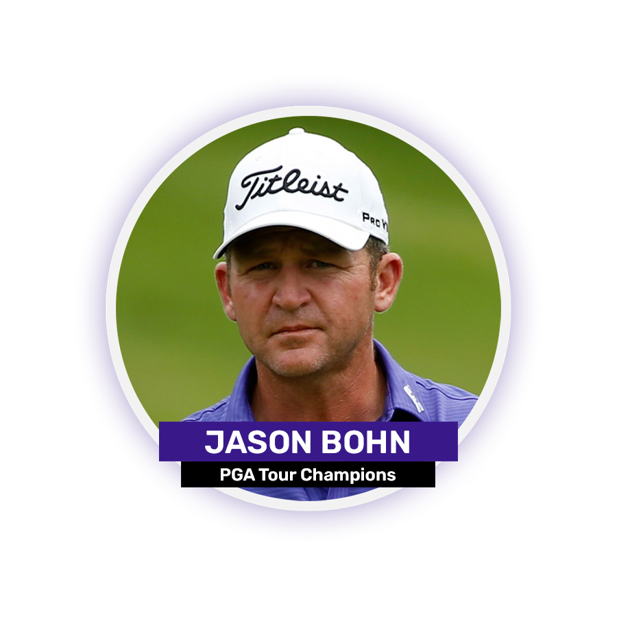 A man wearing a white cap with "Titleist" written on it, with the text "Jason Bohn PGA Tour Champions" below.