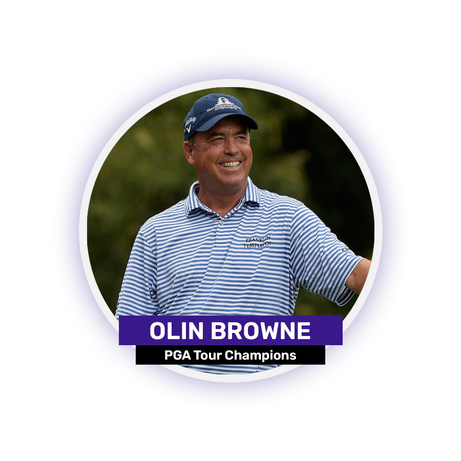 A man in a striped shirt and cap is smiling against a blurred outdoor background, with text reading "Olin Browne, PGA Tour Champions."