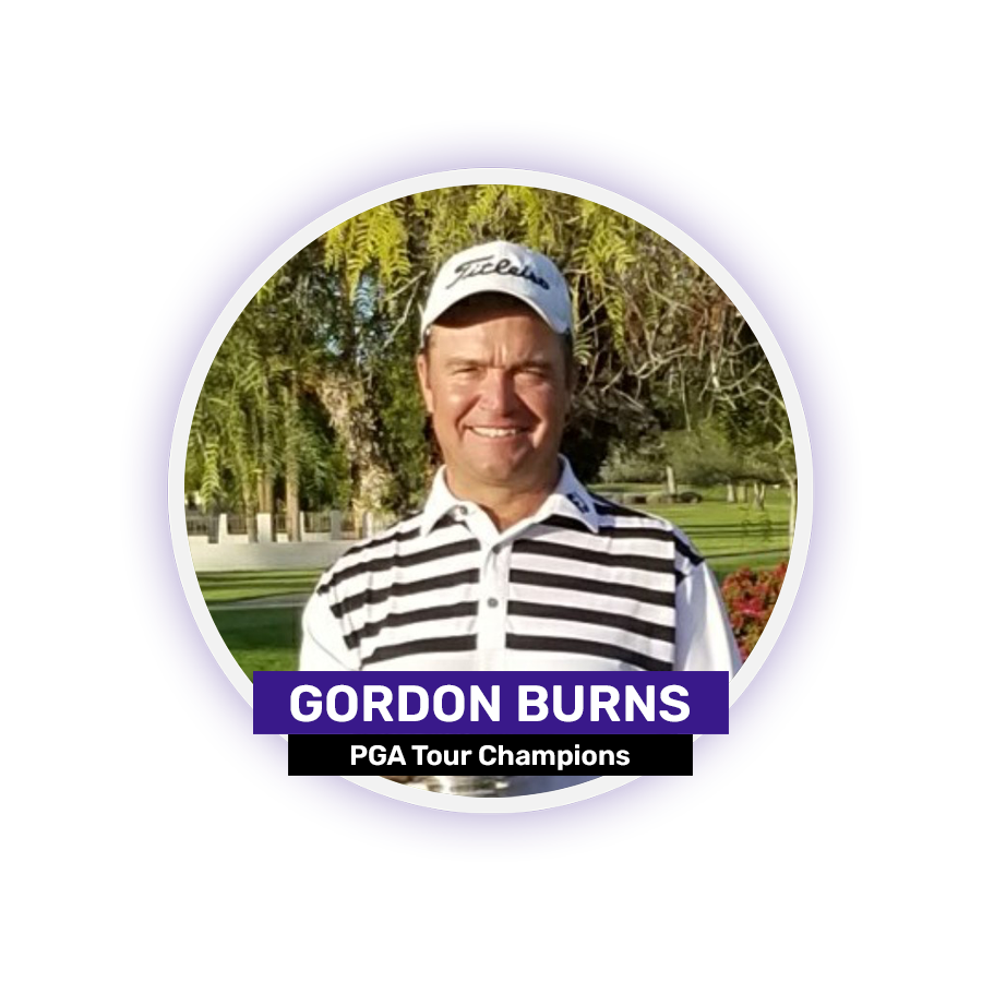 A person in a striped polo shirt and cap standing outdoors with trees in the background, with the text "Gordon Burns PGA Tour Champions" displayed.