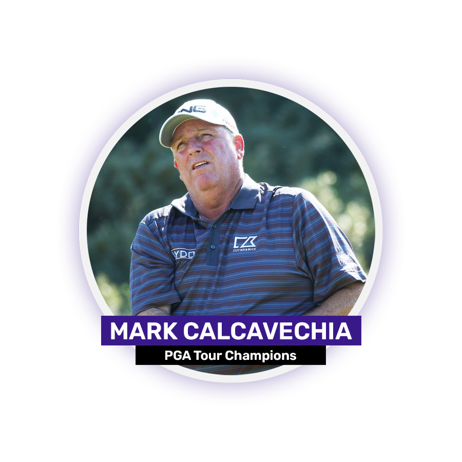 A person wearing a striped polo shirt and cap stands outdoors with text "Mark Calcavecchia PGA Tour Champions" below.