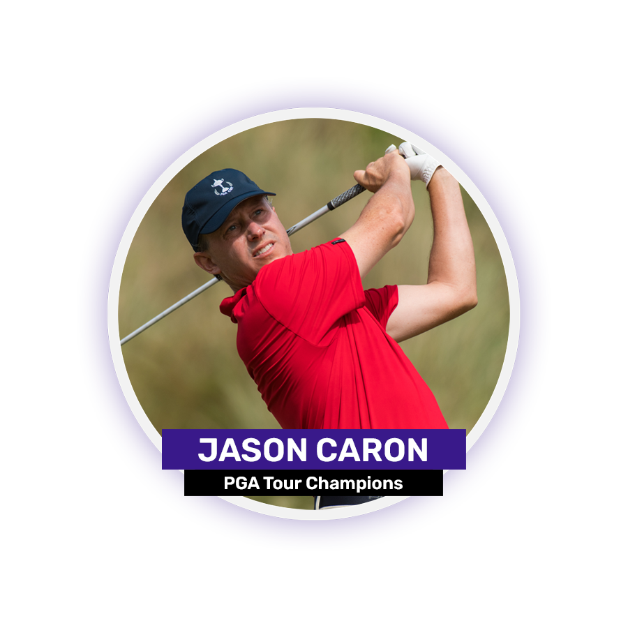 A person in a red shirt and cap swings a golf club on a purple background.