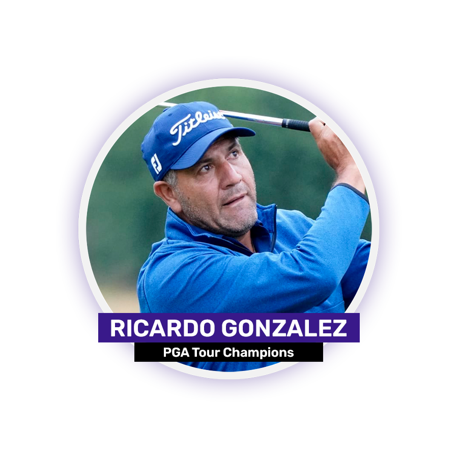 A man in a blue cap is swinging a golf club on a purple background with the text "RICARDO GONZALEZ PGA Tour Champions."