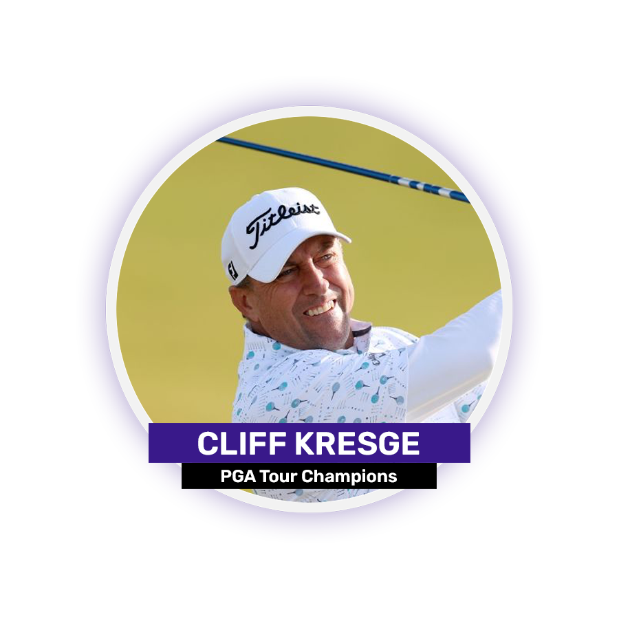 A man in a golf outfit swinging a club with the text "CLIFF KRESGE PGA Tour Champions."