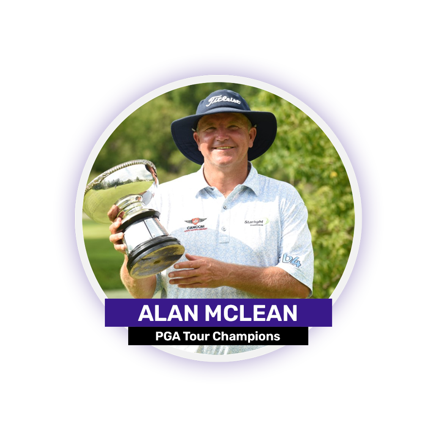 A person in a golf hat holding a trophy, with the text "ALAN MCLEAN" and "PGA Tour Champions" below.
