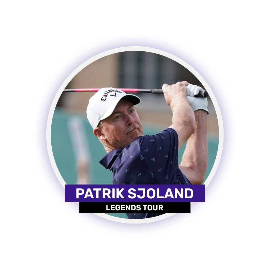 A person swinging a golf club with "PATRIK SJOLAND LEGENDS TOUR" text below.