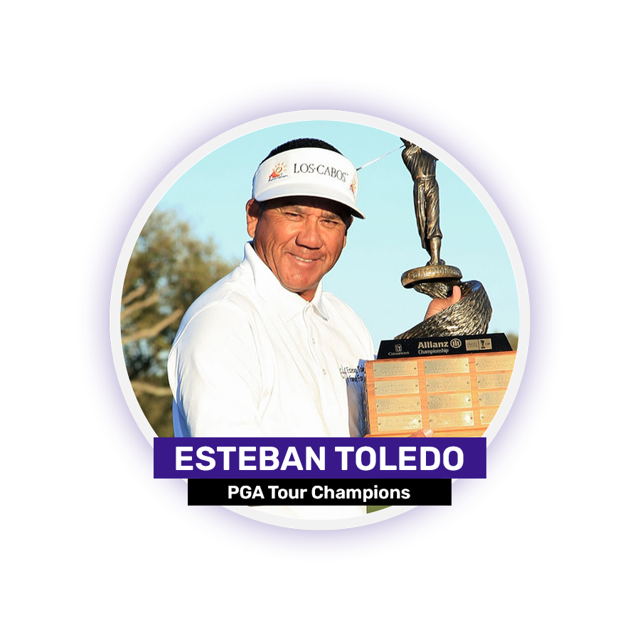 A man holding a trophy with the text "Esteban Toledo PGA Tour Champions" beneath him.