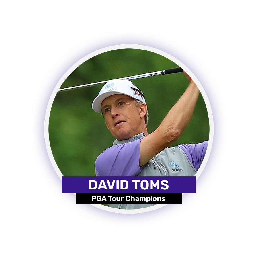 A person in a purple shirt and white cap swinging a golf club, with text "David Toms PGA Tour Champions."