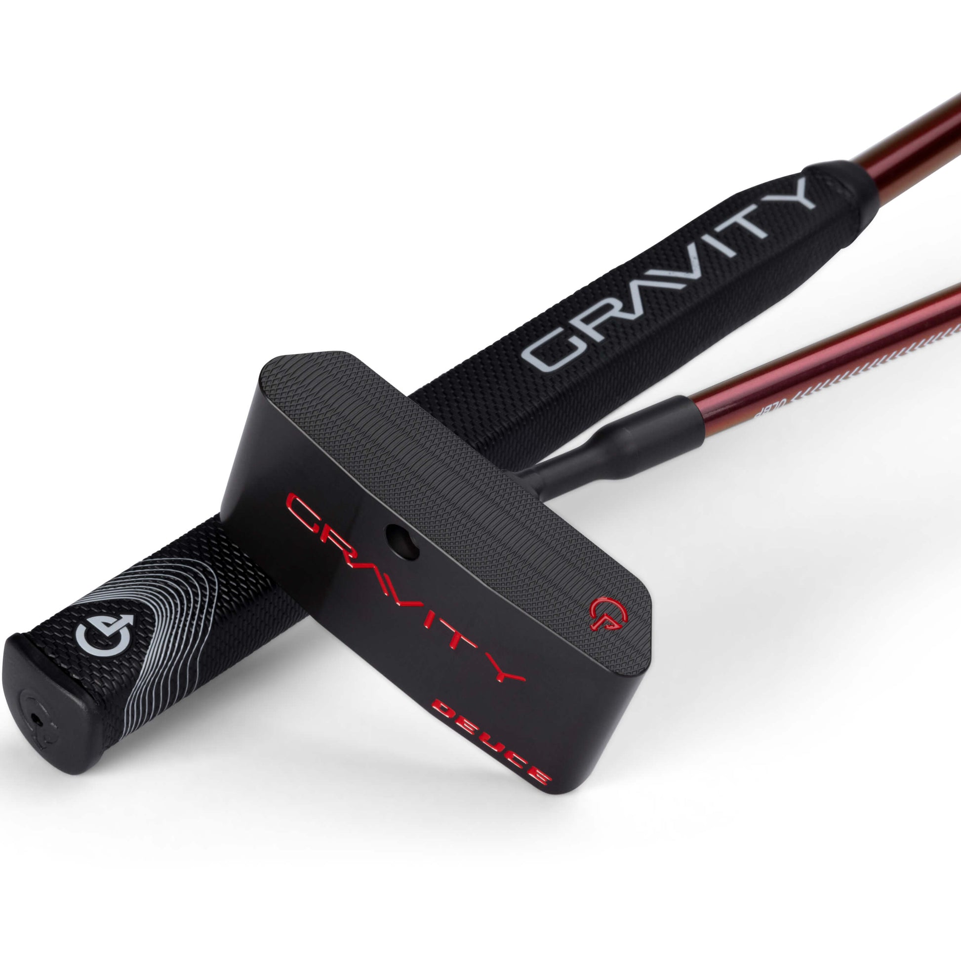 A black and red golf putter with the brand name "Gravity" on it.