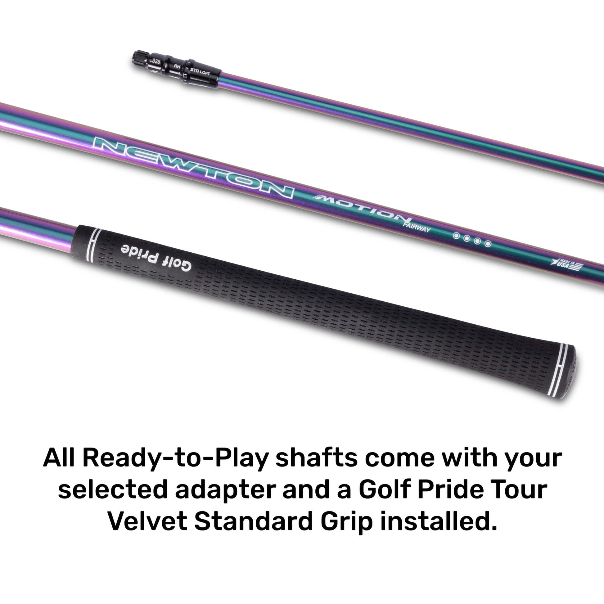 Close-up of Newton Motion golf shafts with Golf Pride grip, showing colorful design and text detailing.