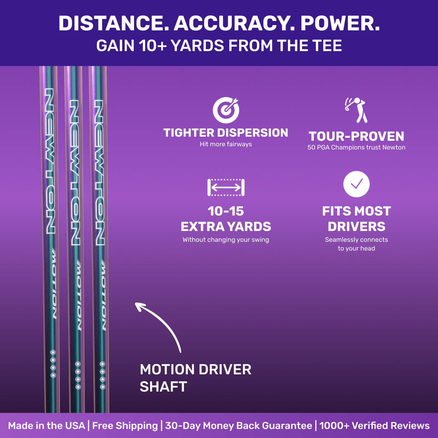 Promotional image of Newton Motion driver shaft highlighting distance, accuracy, and driver compatibility benefits.