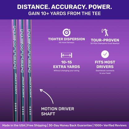Promotional image of Newton Motion driver shaft highlighting distance, accuracy, and driver compatibility benefits.
