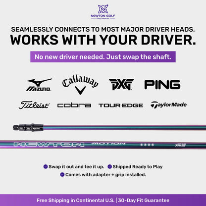 Advertisement for Newton Golf shafts compatible with major driver brands.