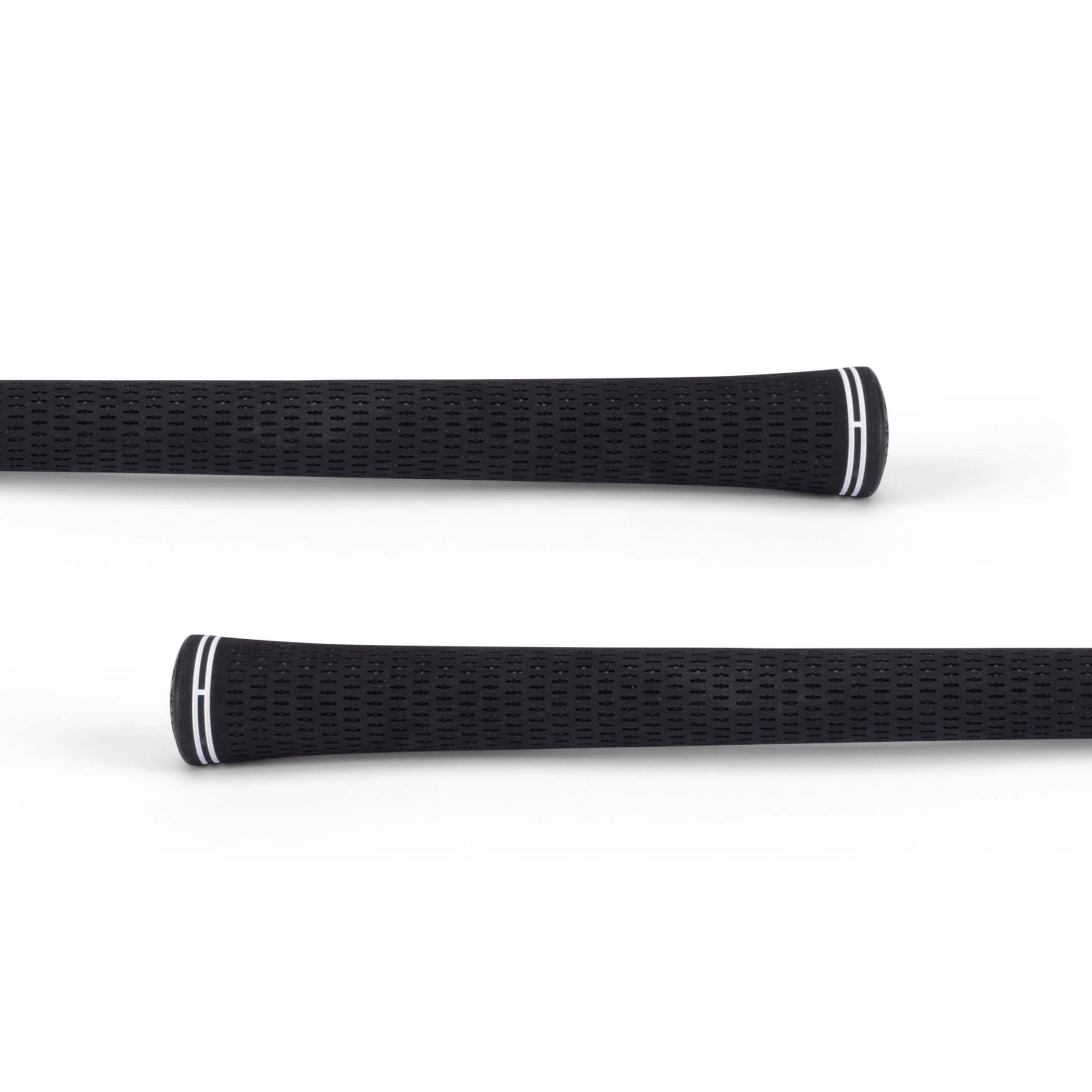 Two black textured grips with white stripes on their ends.