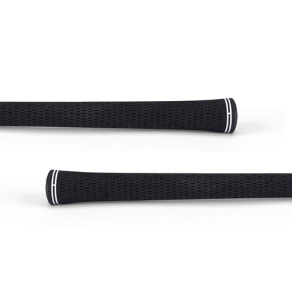 Two black textured grips with white stripes on their ends.