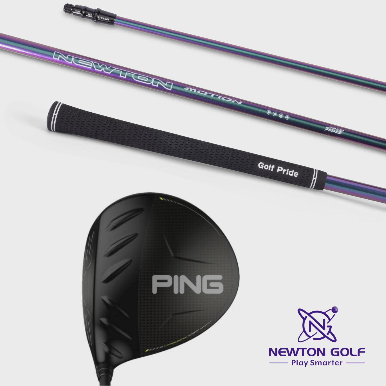 Golf club head and shaft displaying "PING" and "NEWTON" branding.